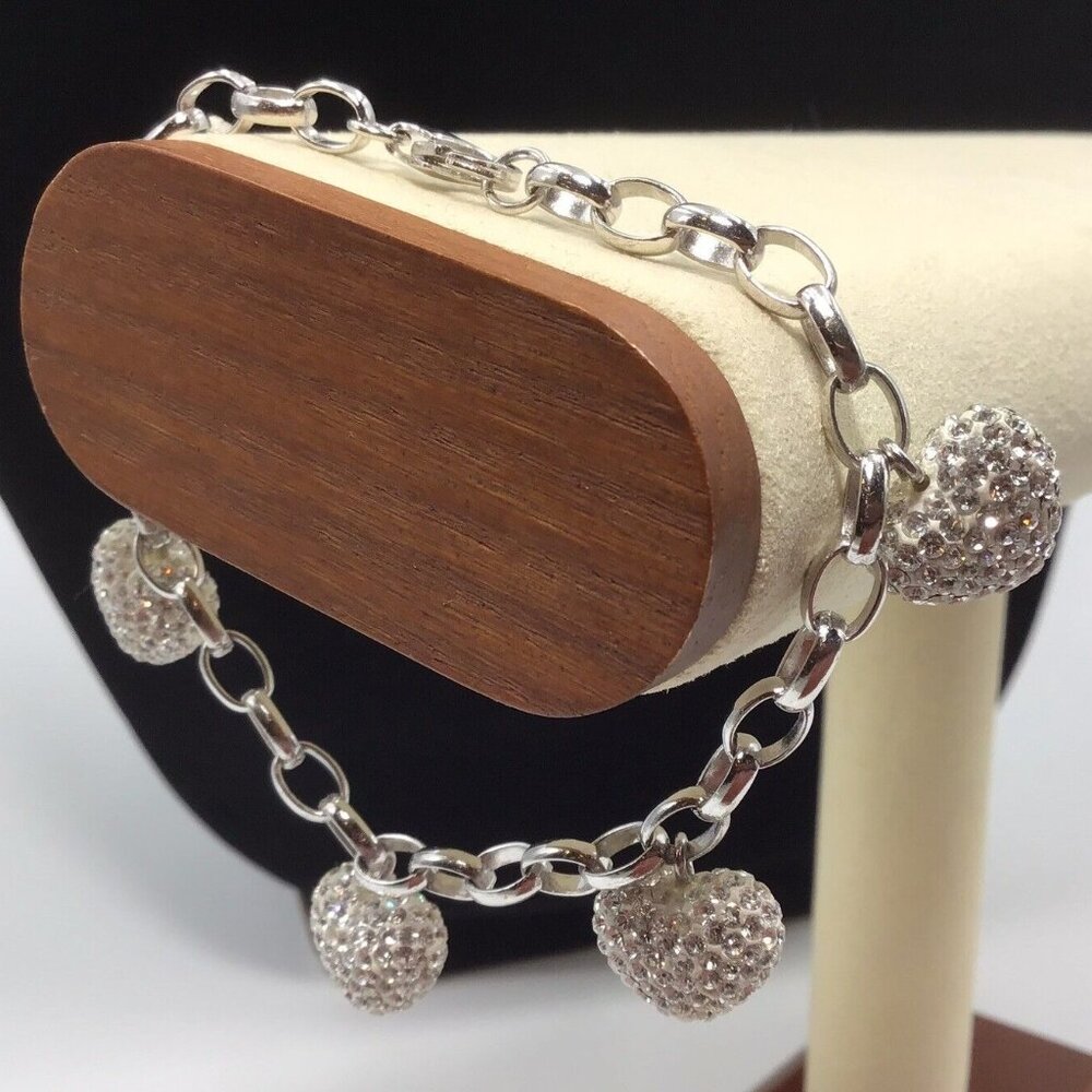 Sterling Silver Charm Bracelet Pave Cubic Zirconia Hearts Rolo Chain 13.4 Gm 7”
